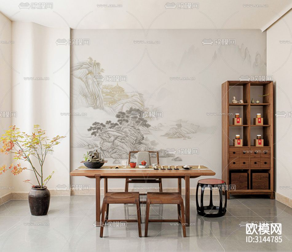 GC24039新中式 山水 松树 亭子壁纸下载（渲染图3）