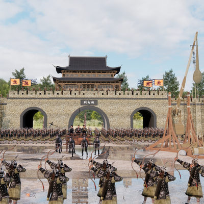  中式古城楼 投石车 拒马校场su模型 