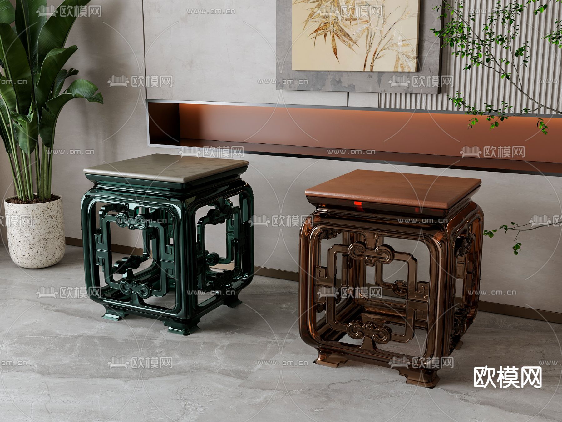 新中式凳子3d模型下载