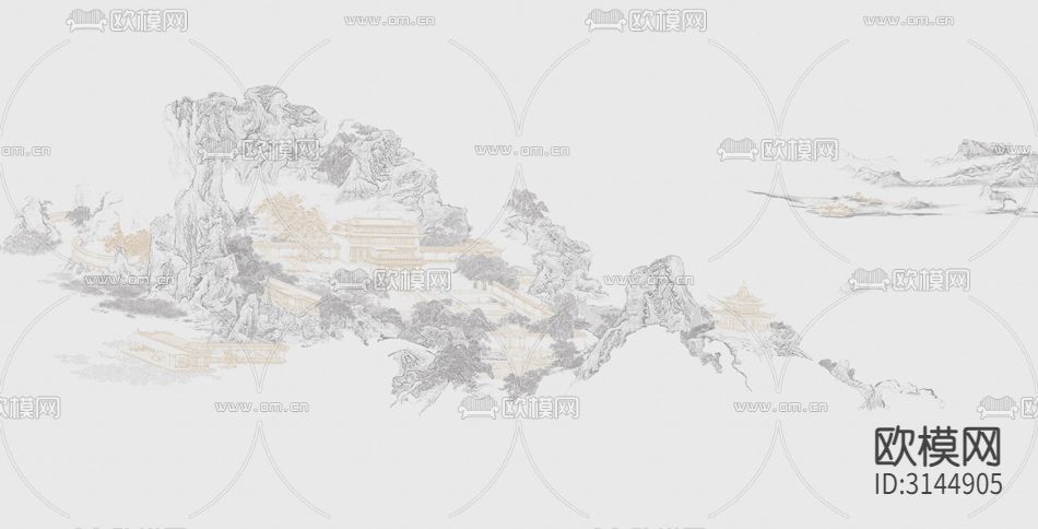 GC24051新中式 山水 阁楼壁纸