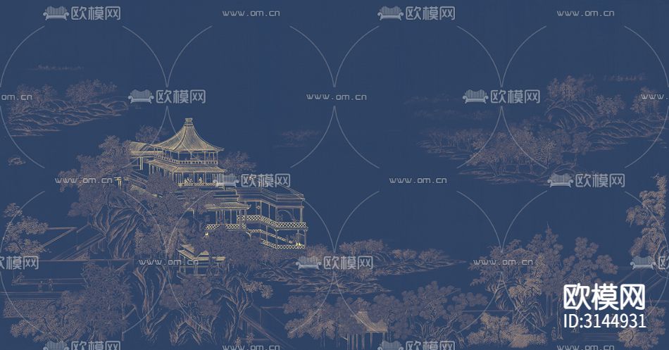 GC24054新中式 阁楼 山水 人物壁纸