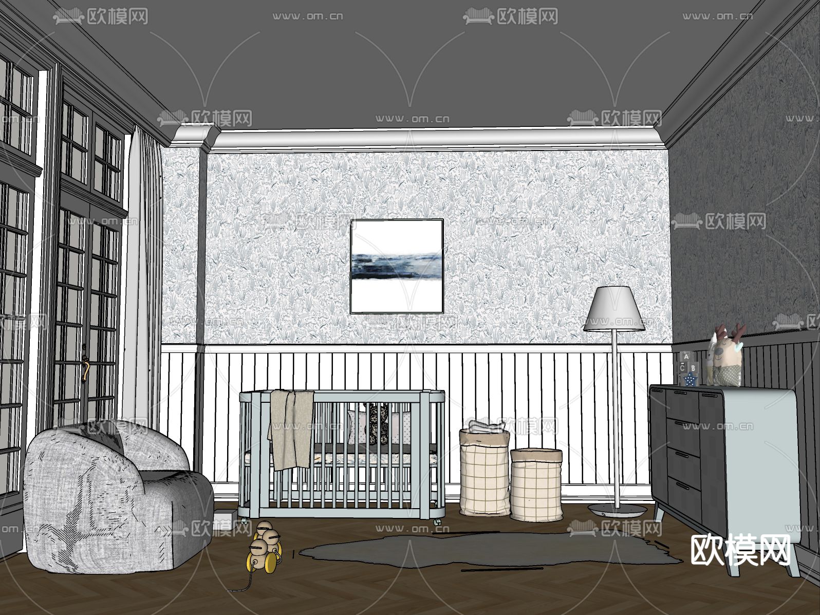 简欧婴儿房 护理房 儿童房su模型下载（渲染图1）