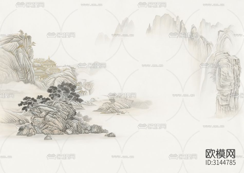 GC24039新中式 山水 松树 亭子壁纸下载（渲染图2）