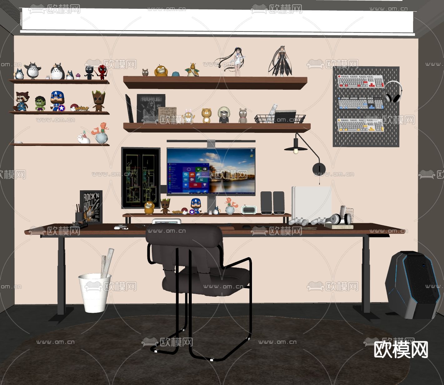 现代办公桌 升降桌 办公椅su模型下载（渲染图1）