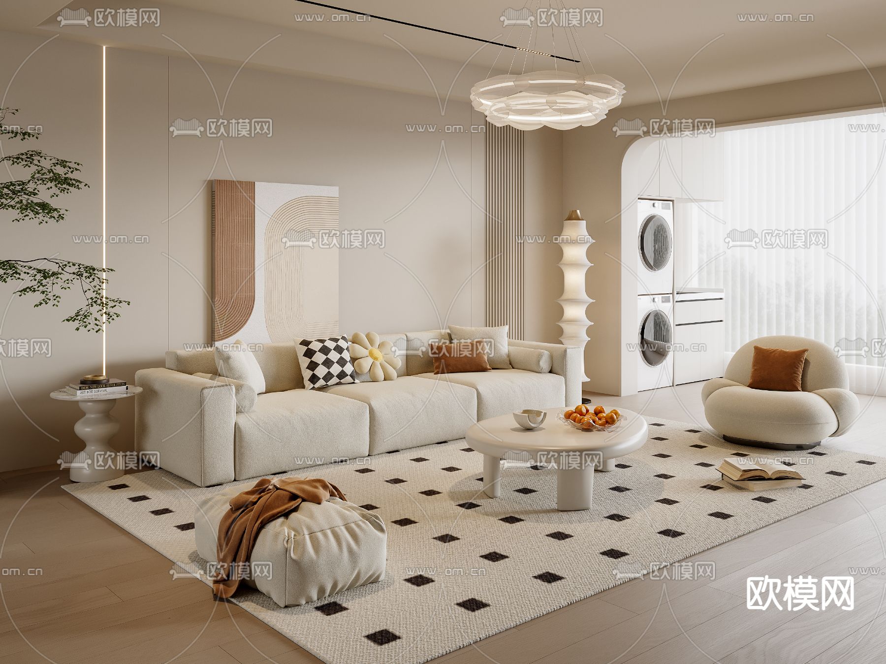 奶油风客厅3d模型下载