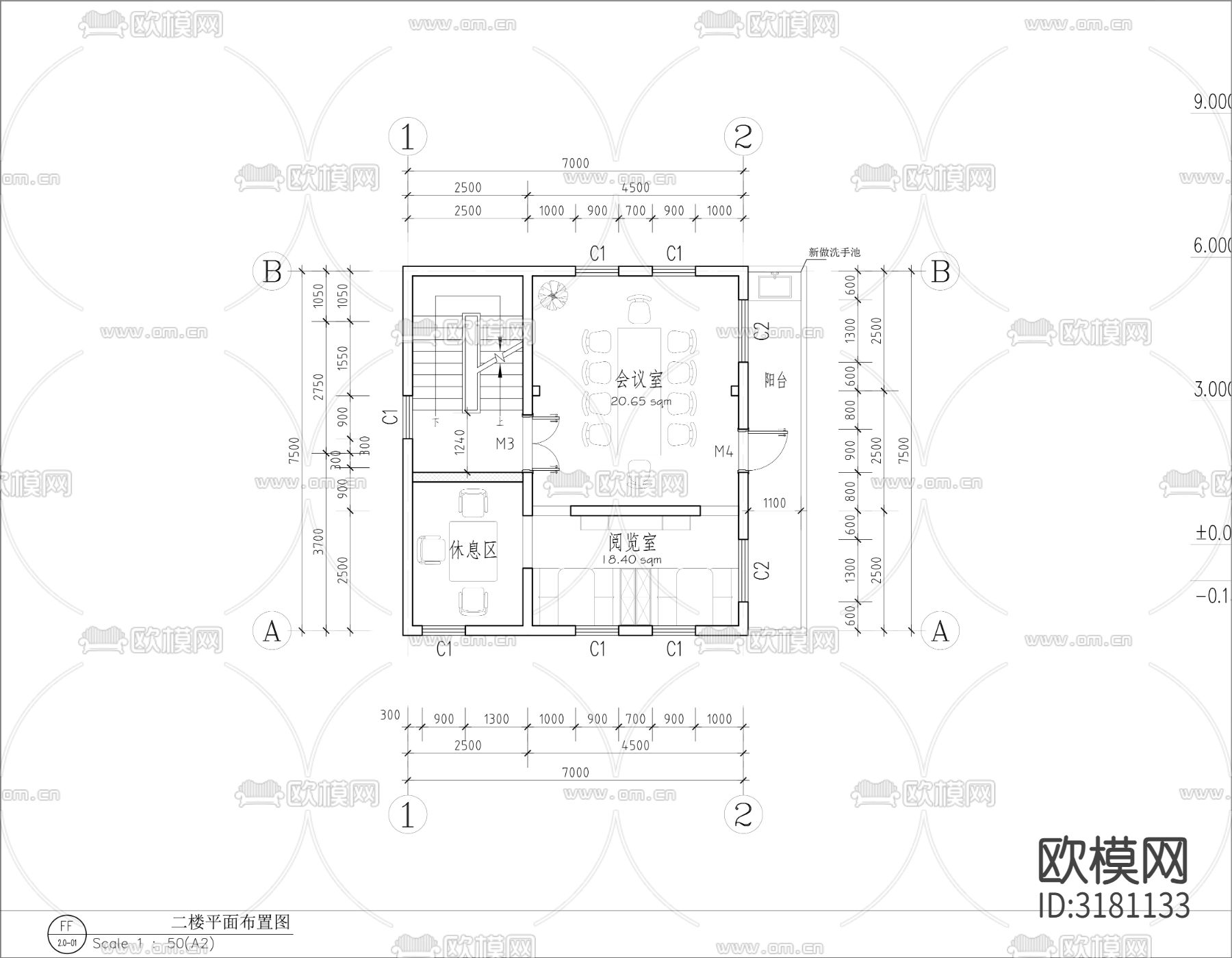 社区活动室cad平面图下载（渲染图1）