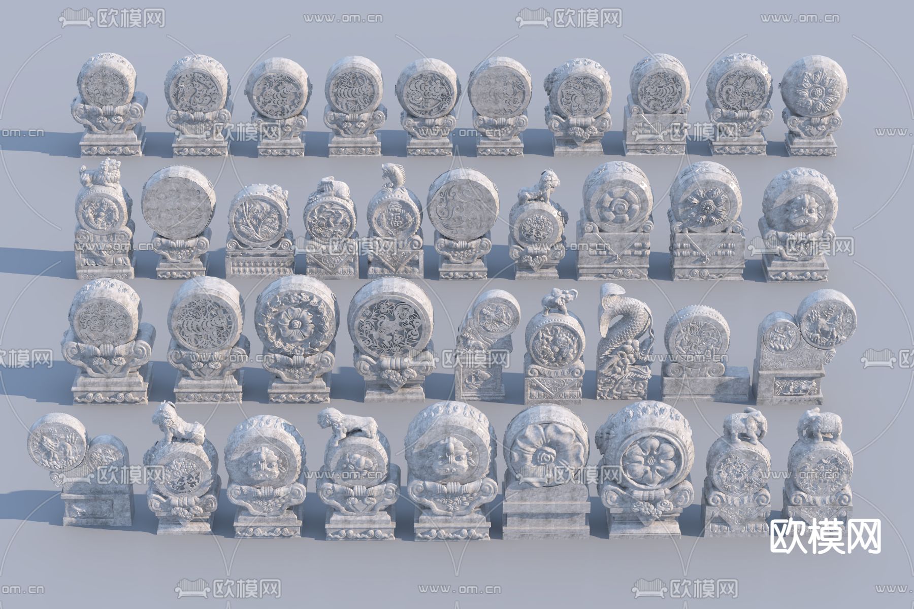 中式抱鼓石 门墩 石墩 石狮子3d模型下载