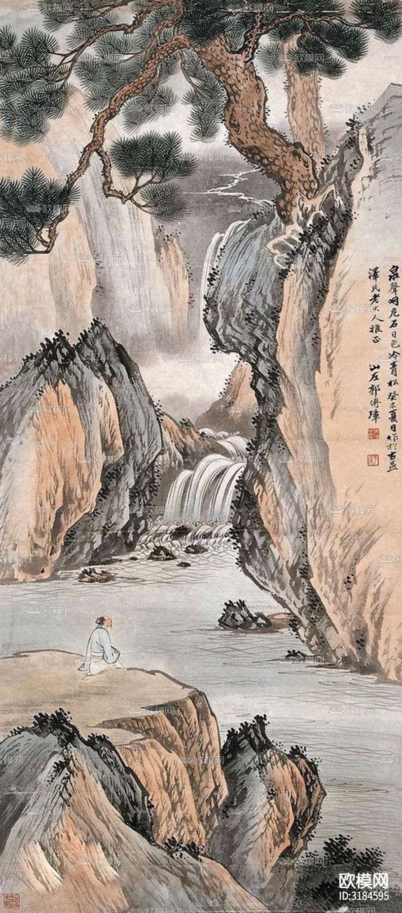 中式山水国画挂画壁纸贴图下载（渲染图10）