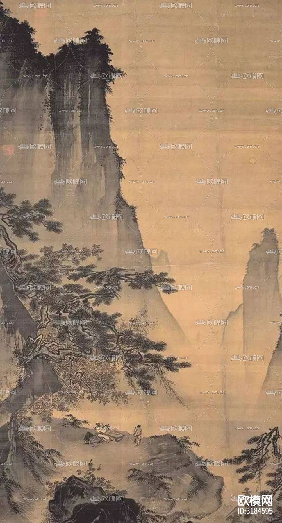 中式山水国画挂画壁纸贴图下载（渲染图2）