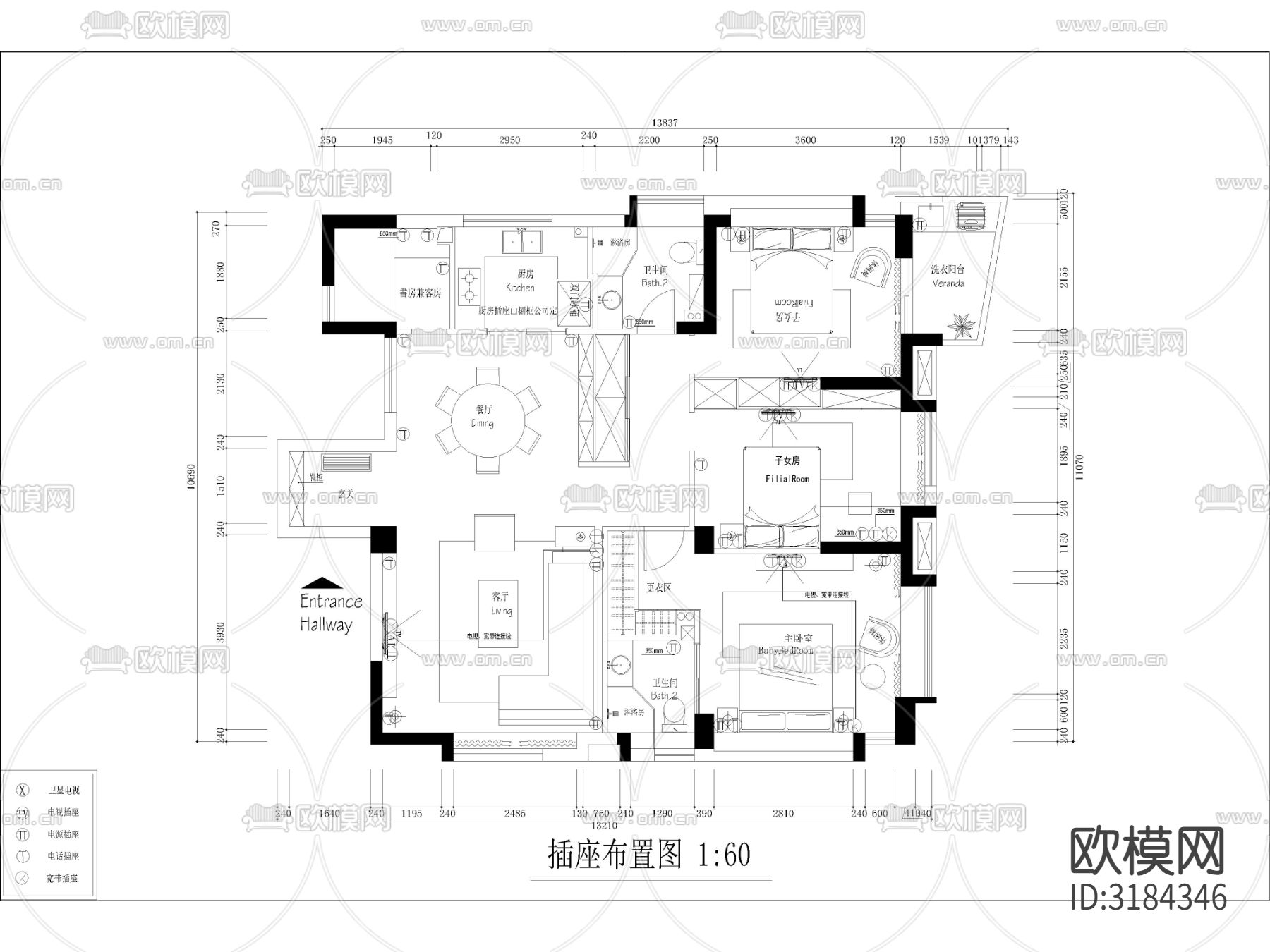 现代家装大平层样板间全套cad施工图下载（渲染图1）