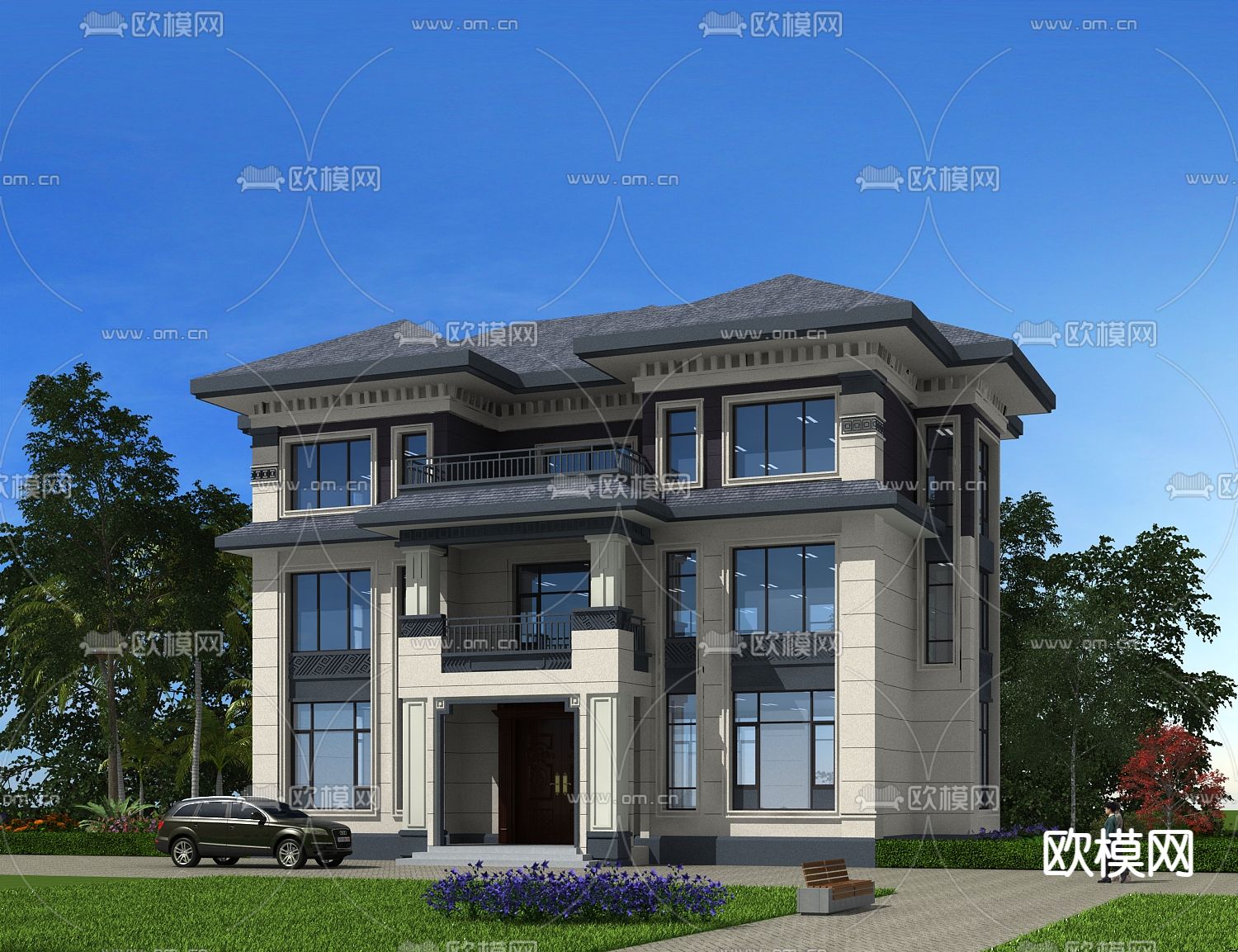 中式别墅外观3d模型下载