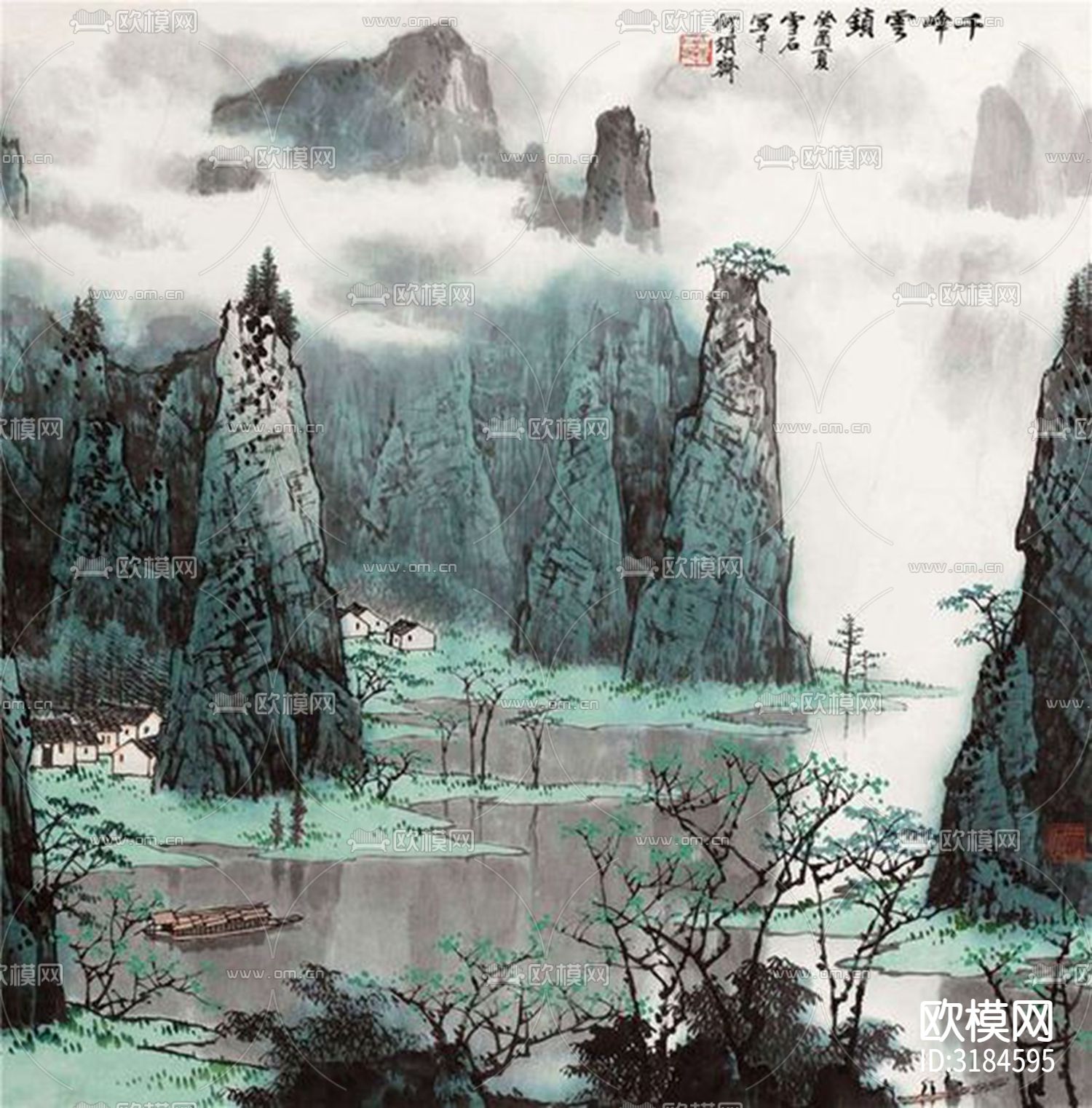 中式山水国画挂画壁纸贴图下载（渲染图1）