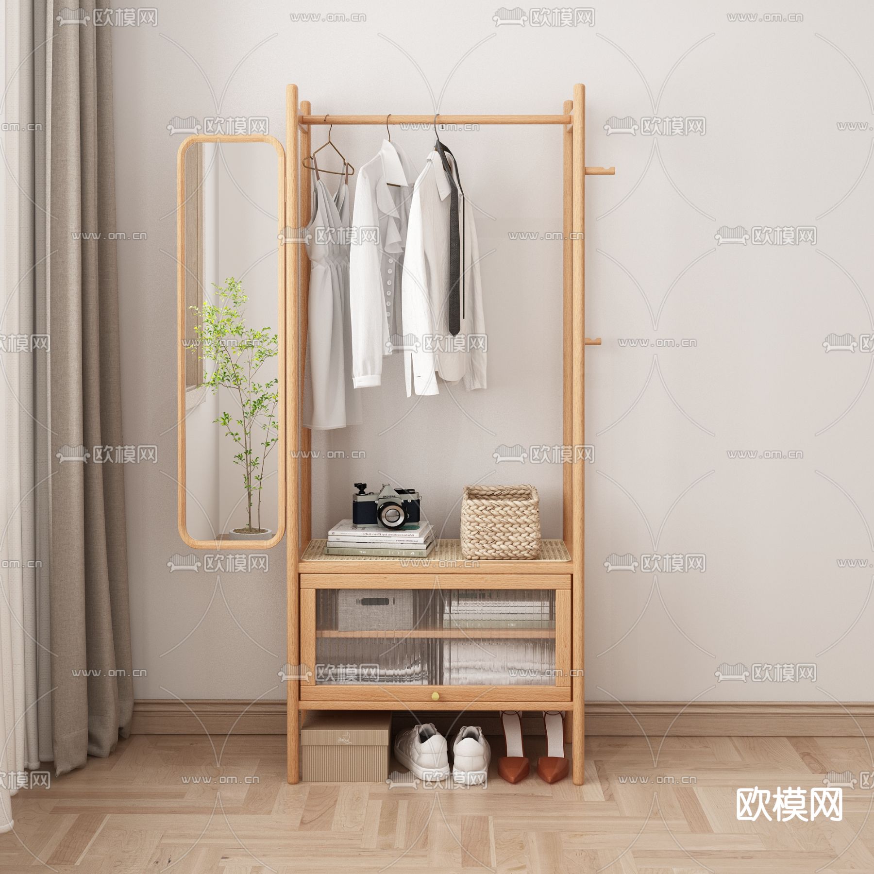 北欧挂衣架 实木挂衣架3d模型下载（渲染图1）
