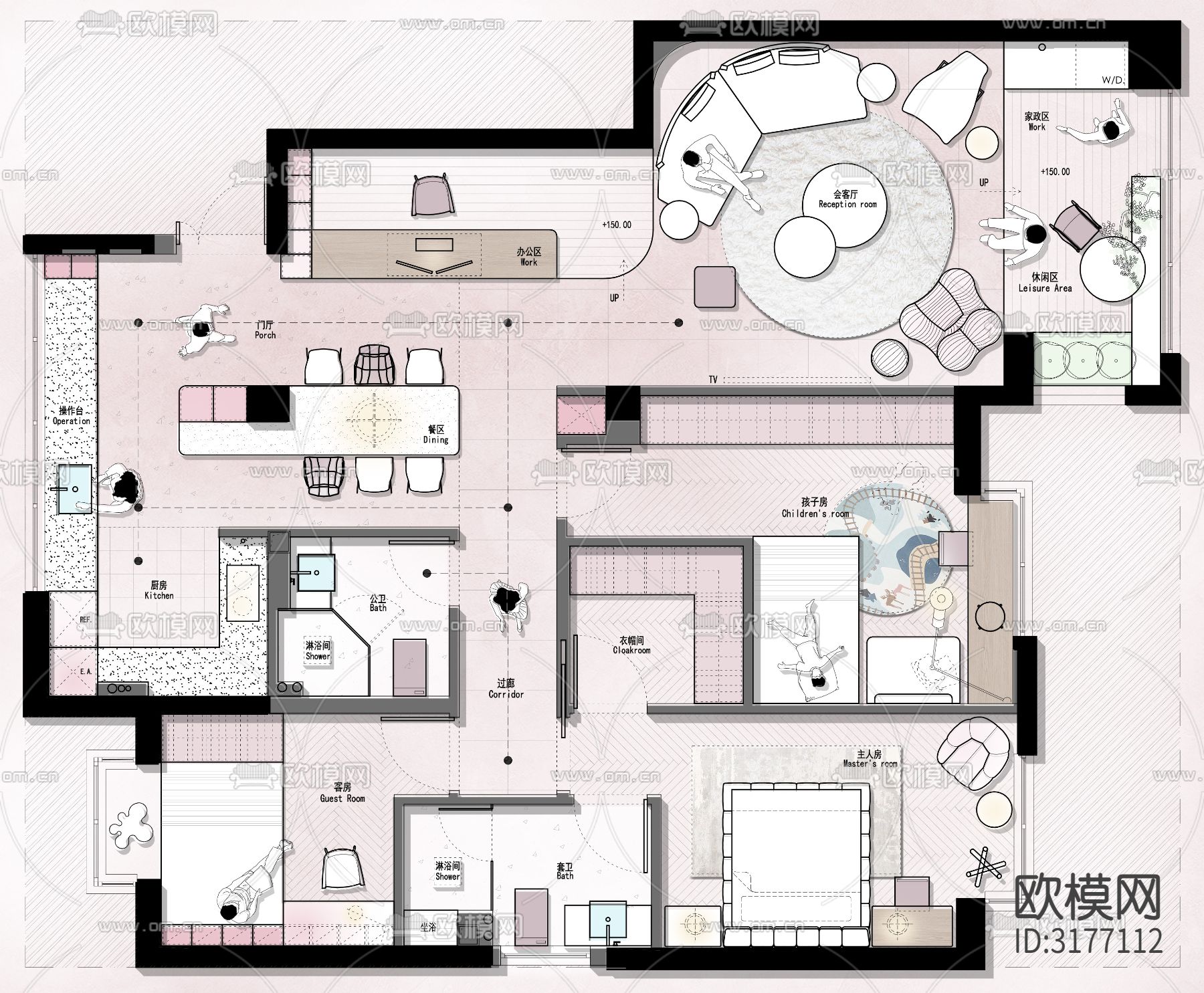 121㎡创意设计cad平面图下载（渲染图2）