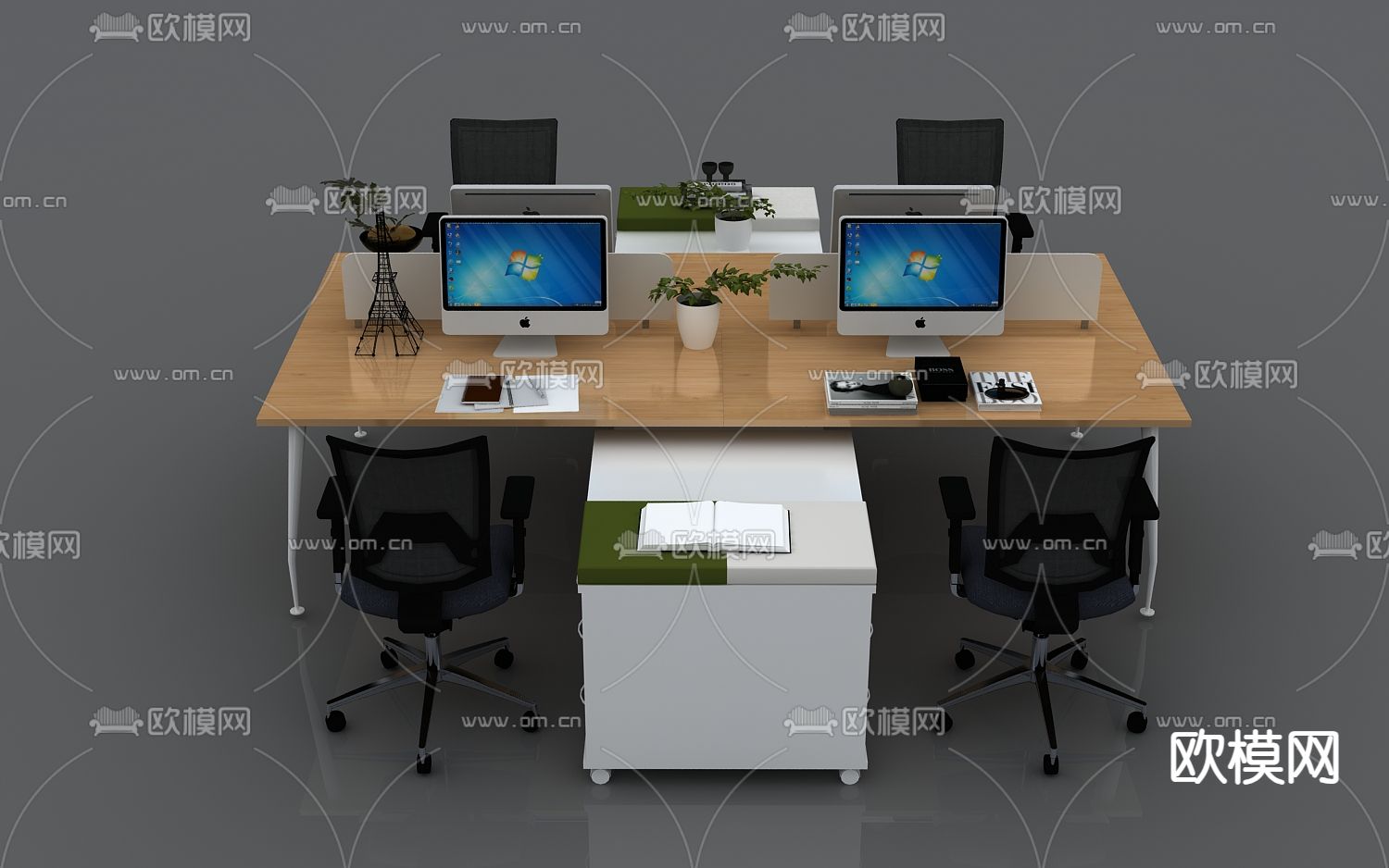 四人位办公桌 屏风卡位3d模型-Pic-2