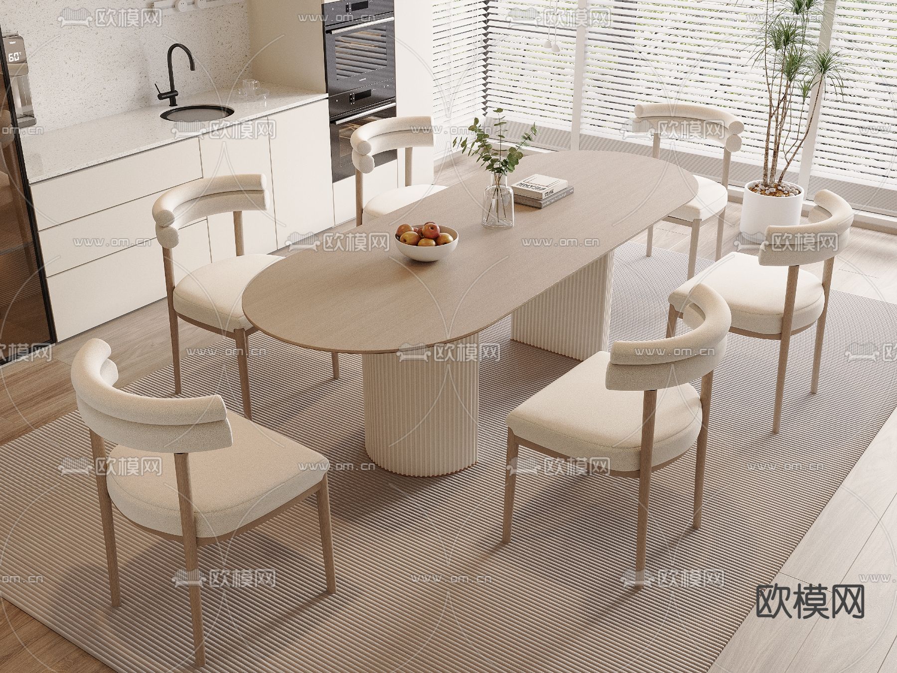 奶油风餐桌椅3d模型下载