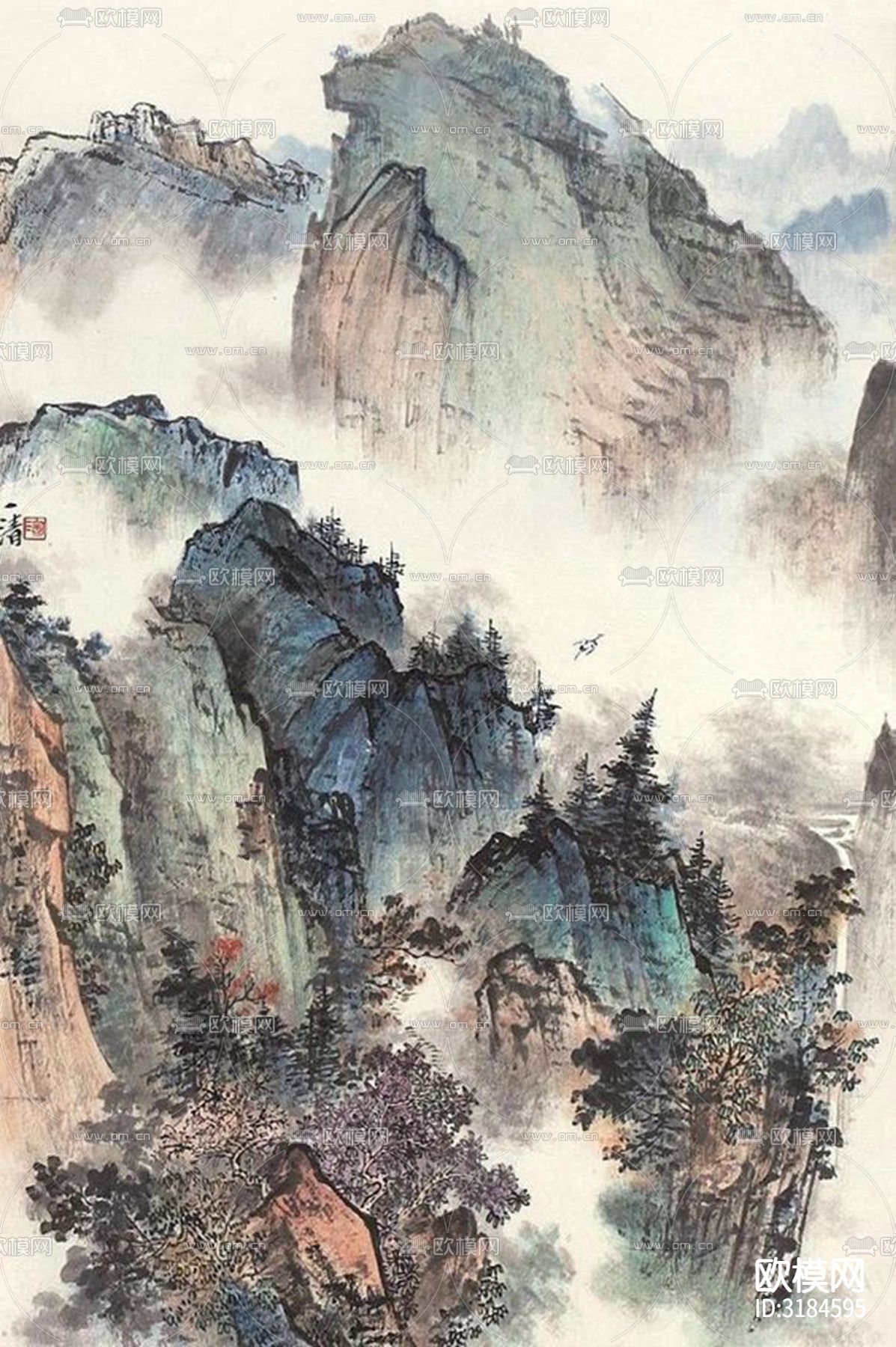 中式山水国画挂画壁纸贴图下载（渲染图5）