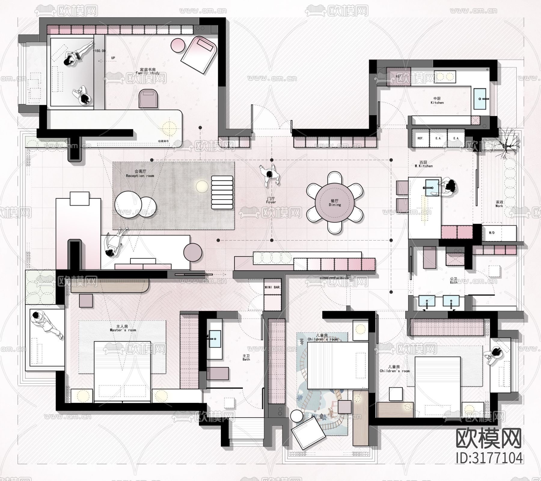 169㎡家庭书房cad平面图下载（渲染图1）