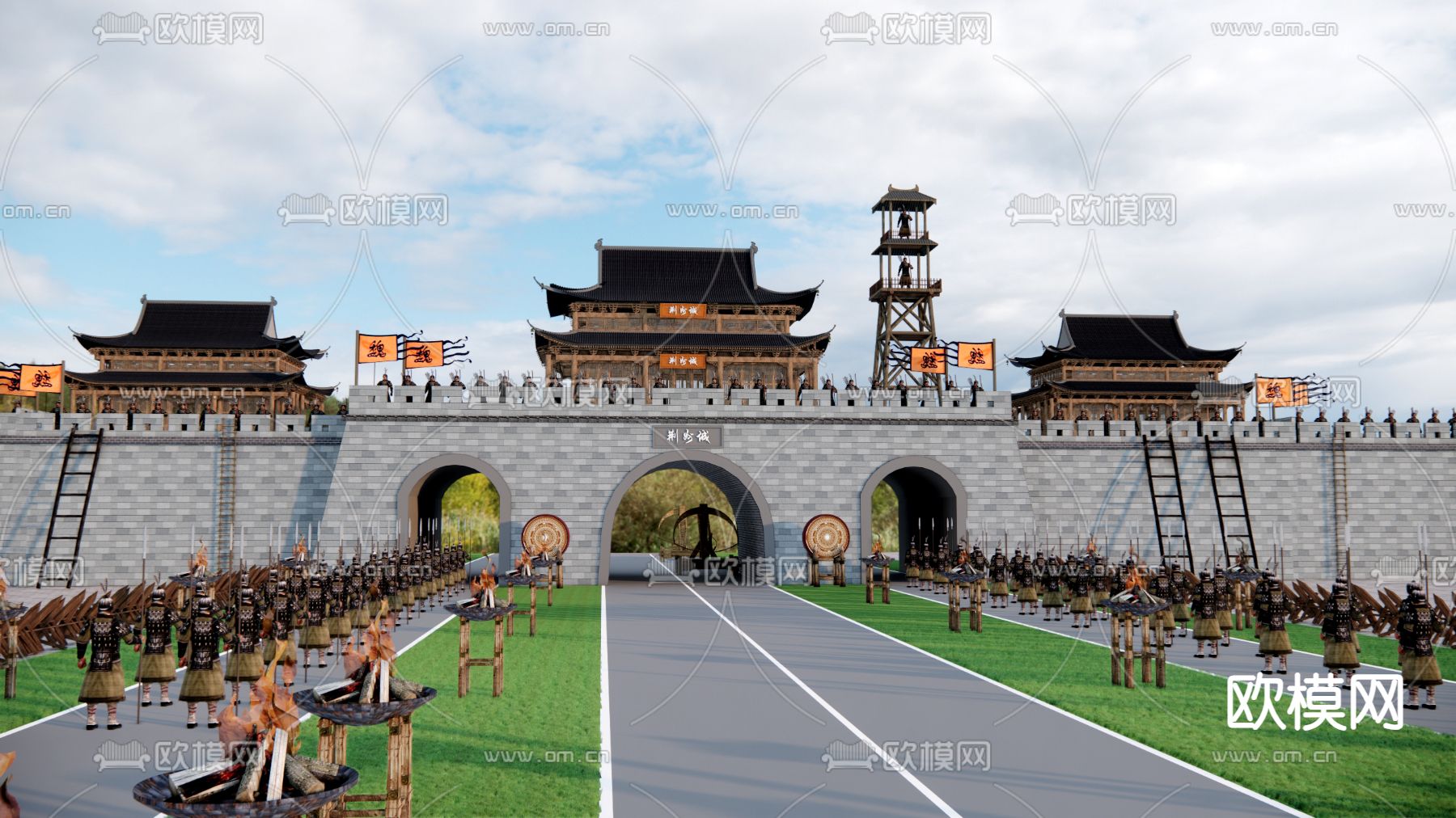 中式古城楼 关隘 战争攻城su模型下载（渲染图3）