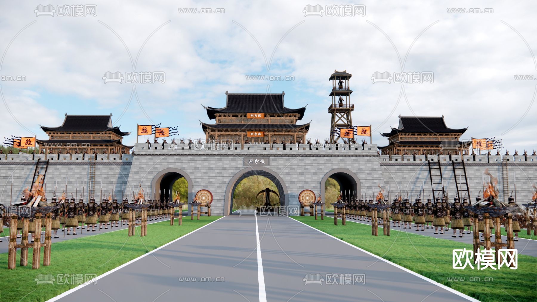 中式古城楼 关隘 战争攻城su模型下载（渲染图2）