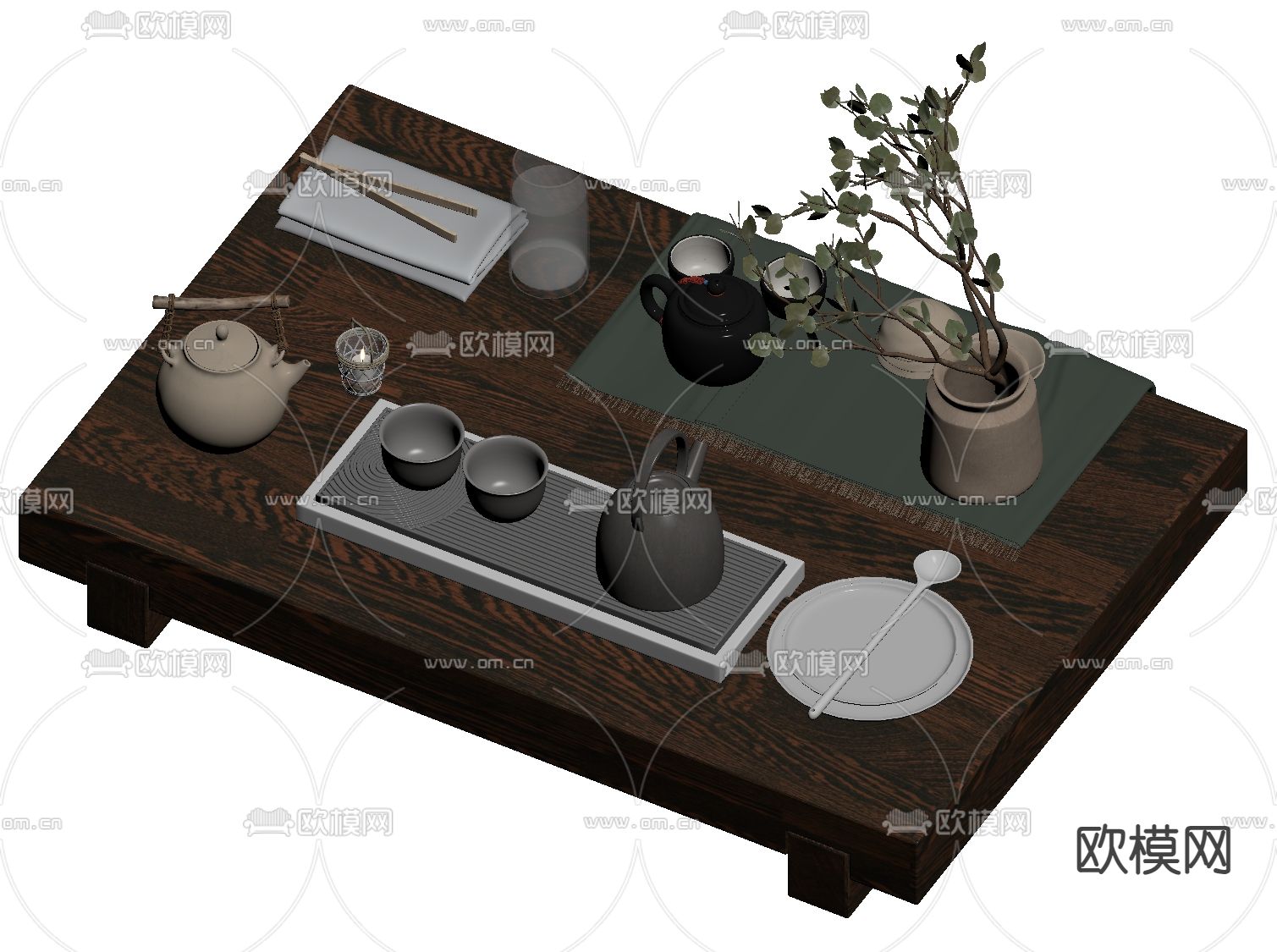 新中式矮茶桌 茶壶 碗碟 茶具 花艺su模型下载（渲染图1）