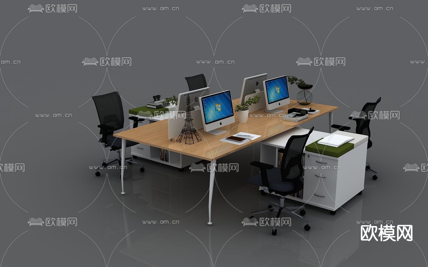 四人位办公桌 屏风卡位3d模型-Pic-1