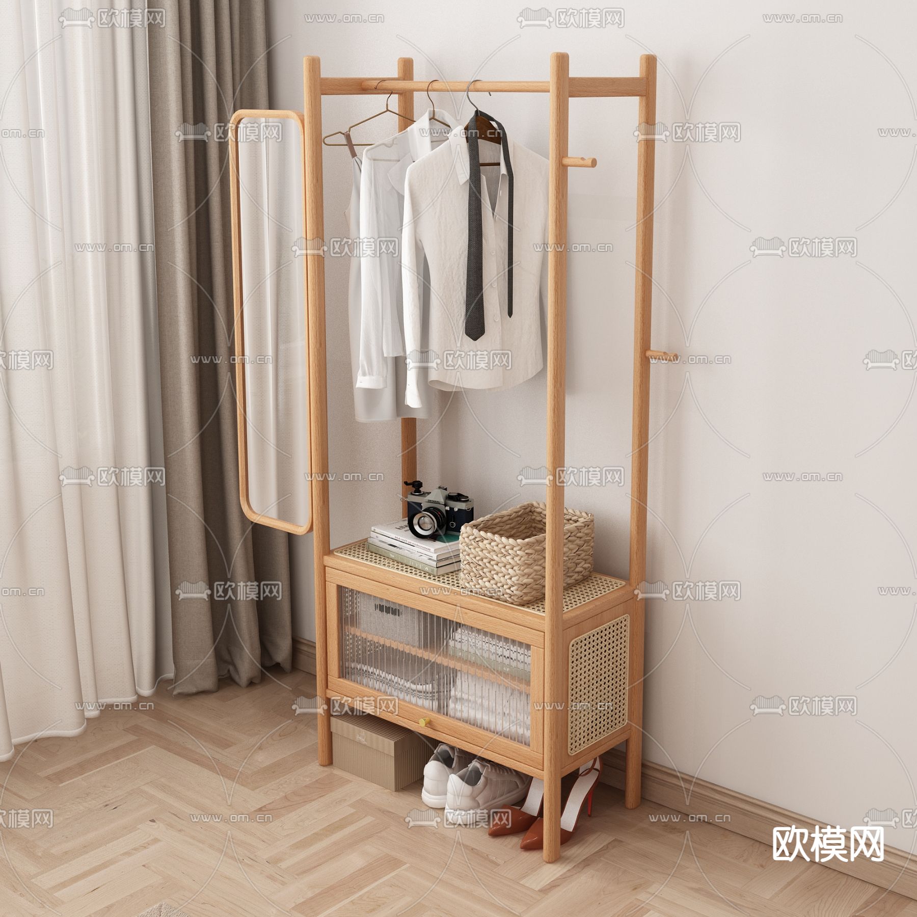 北欧挂衣架 实木挂衣架3d模型下载（渲染图2）