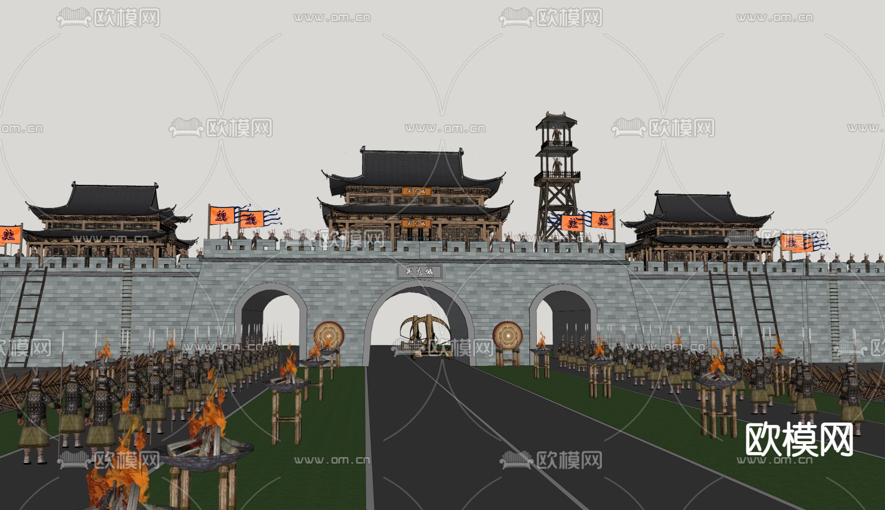 中式古城楼 关隘 战争攻城su模型下载（渲染图1）