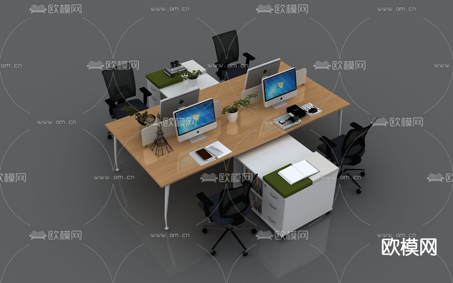 四人位办公桌 屏风卡位3d模型-Pic-3
