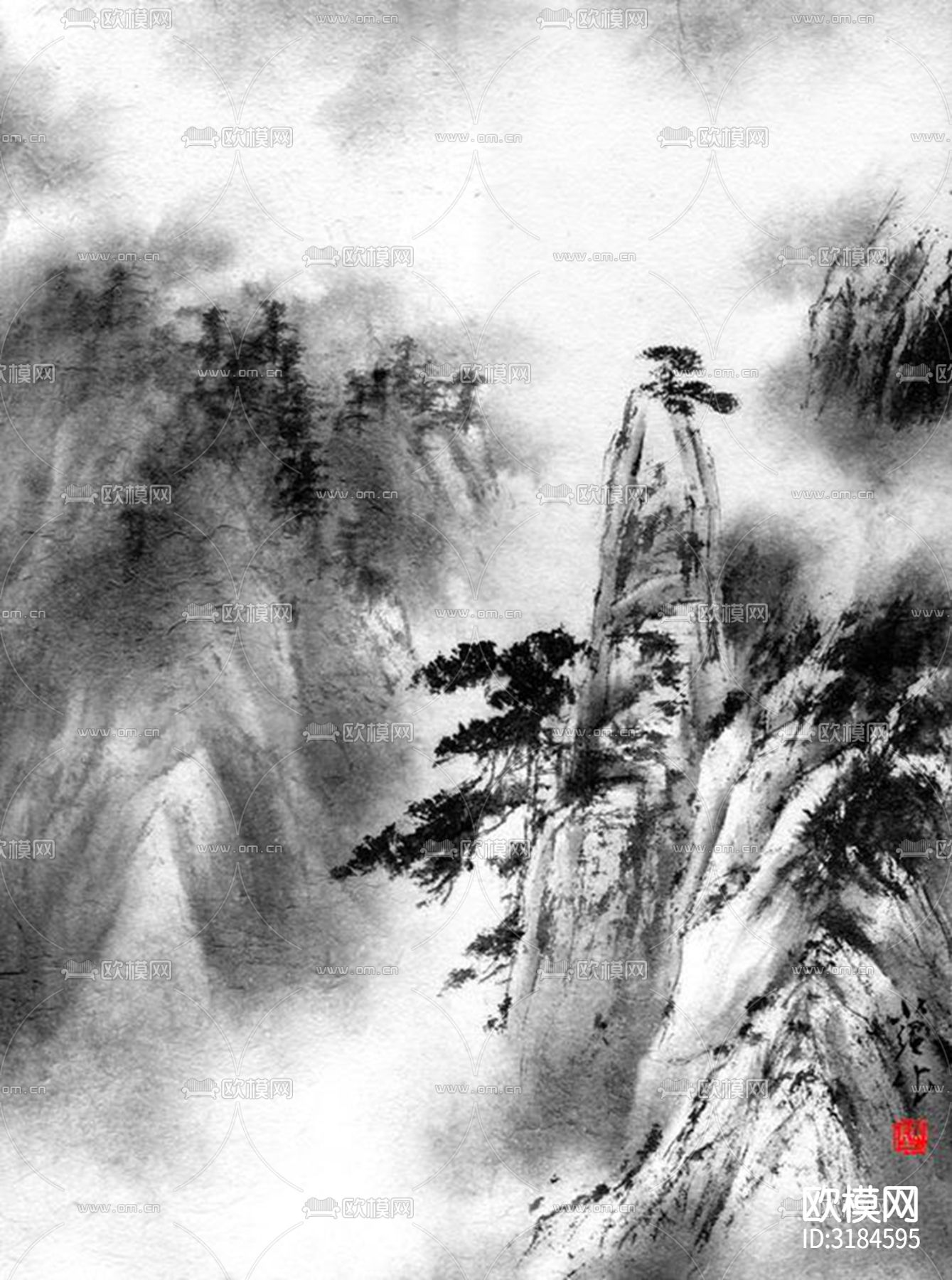 中式山水国画挂画壁纸贴图下载（渲染图3）