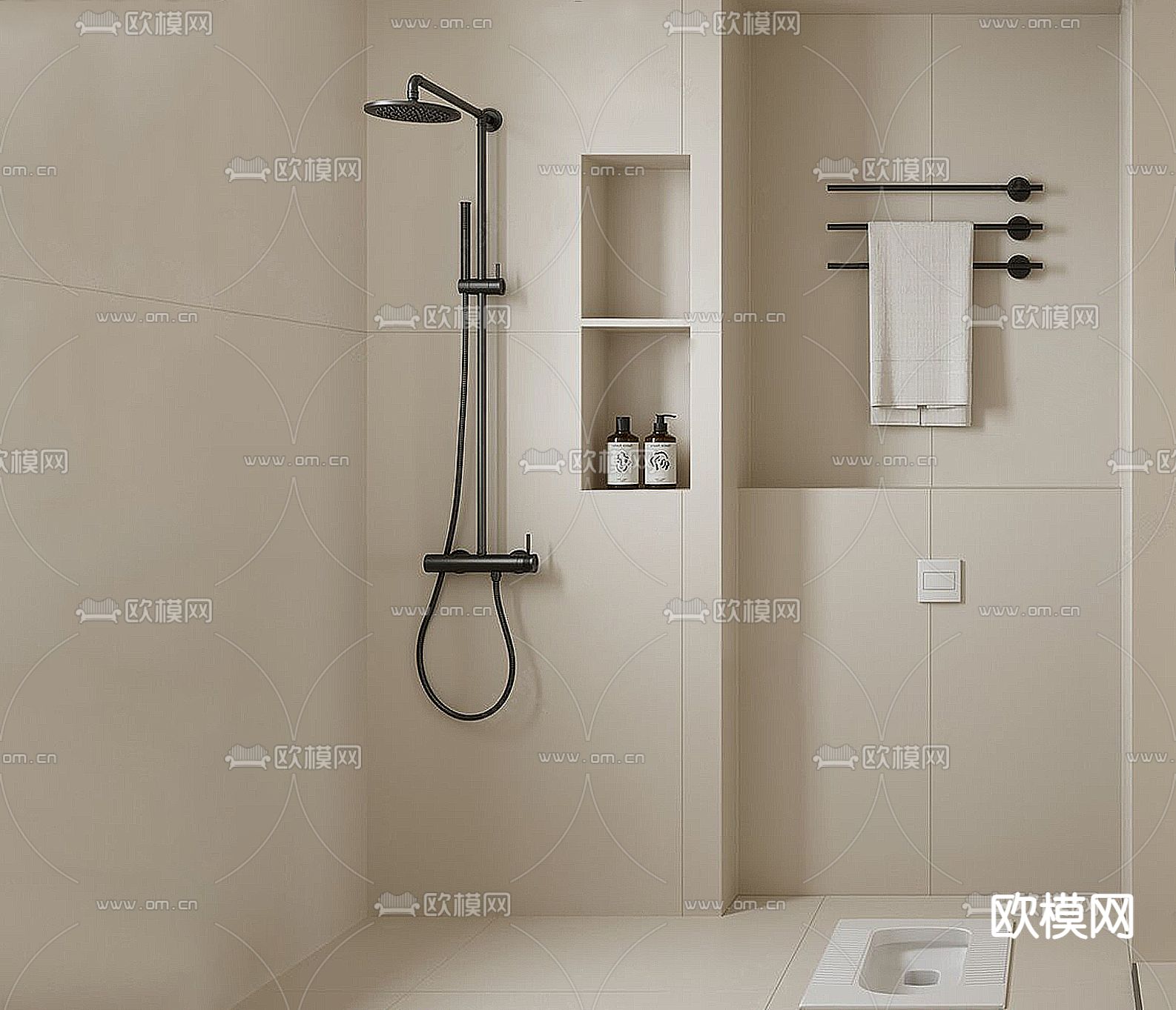 顶喷花洒 嵌入式蹲便器su模型下载（渲染图2）