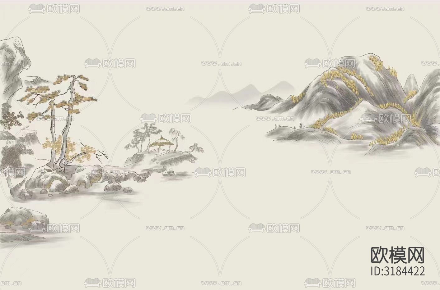 新中式山水壁纸贴图下载（渲染图2）