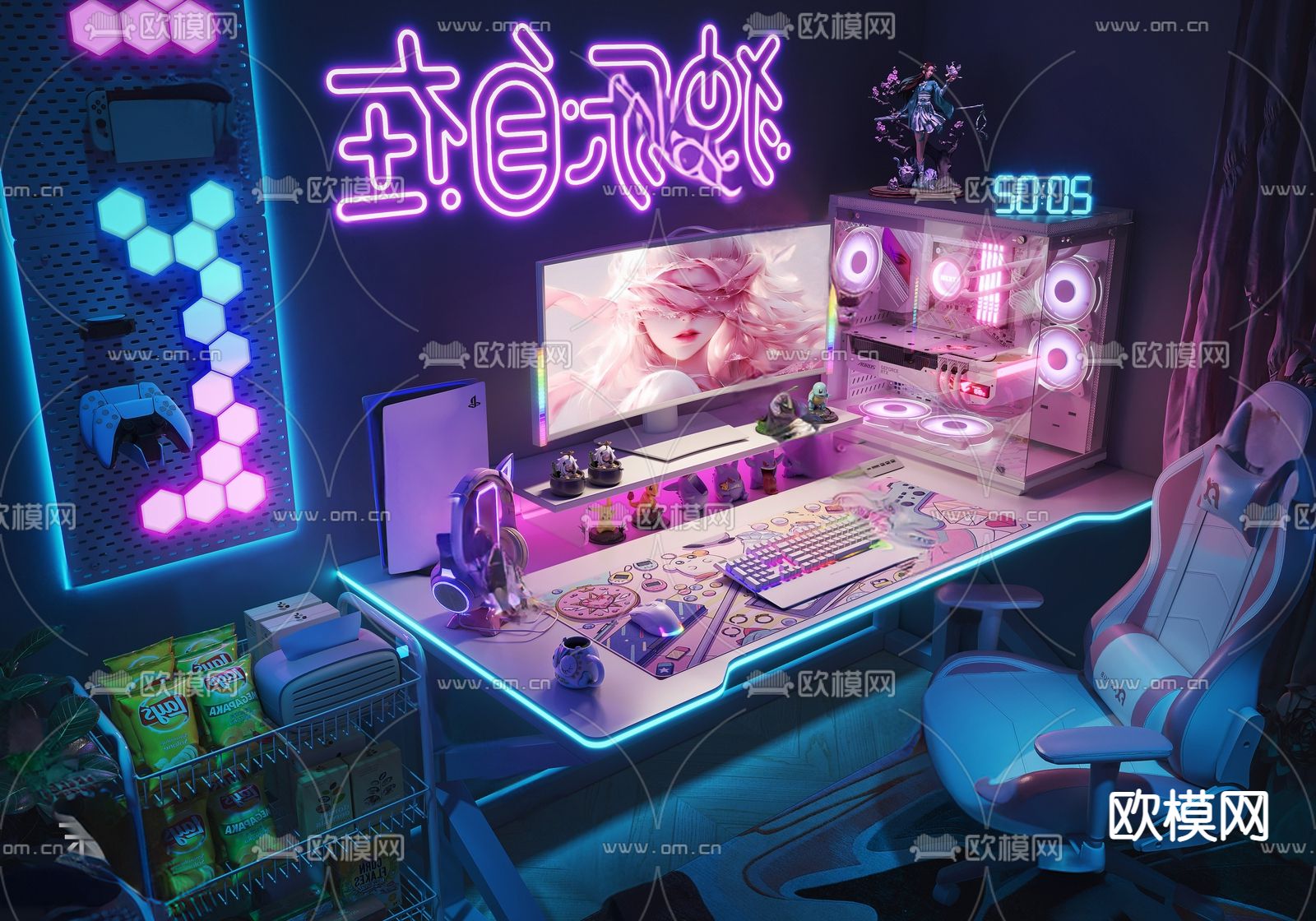 现代电竞桌椅su模型下载（渲染图2）