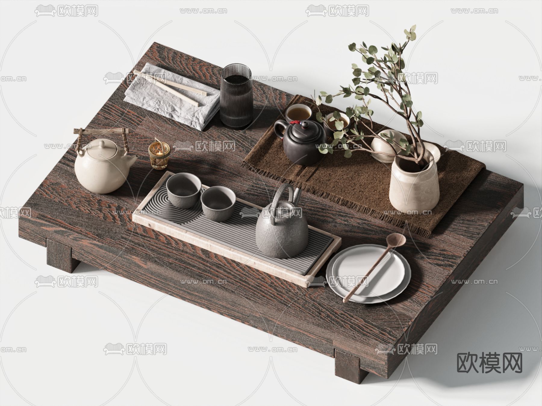 新中式矮茶桌 茶壶 碗碟 茶具 花艺su模型下载（渲染图2）