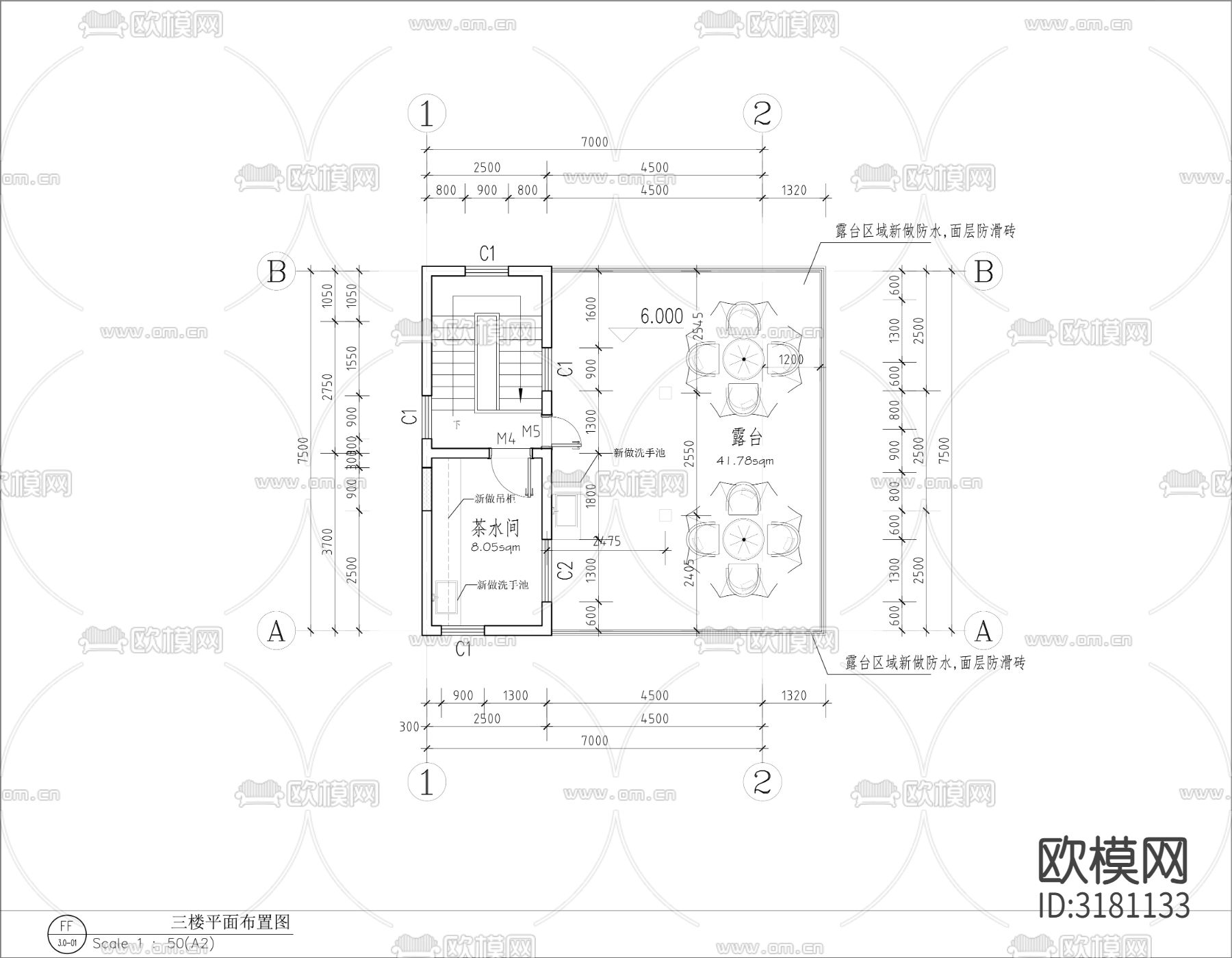 社区活动室cad平面图下载（渲染图3）