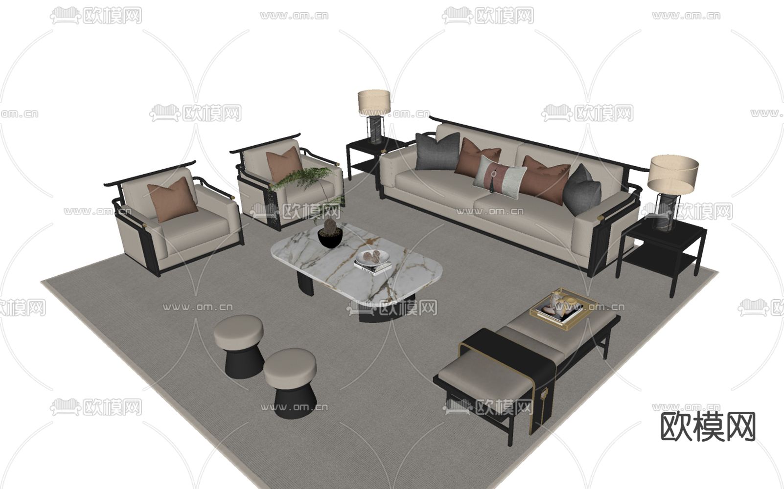 新中式组合沙发su模型下载（渲染图1）