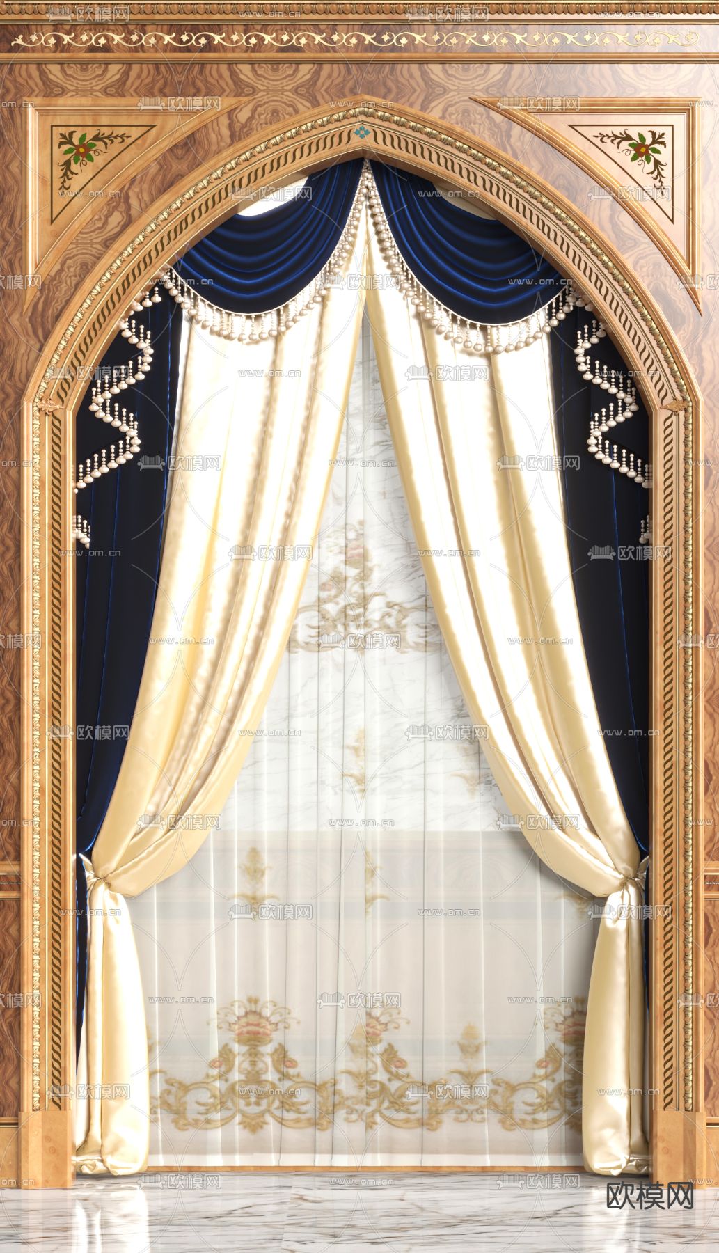 美式窗帘 窗纱3d模型下载（渲染图2）