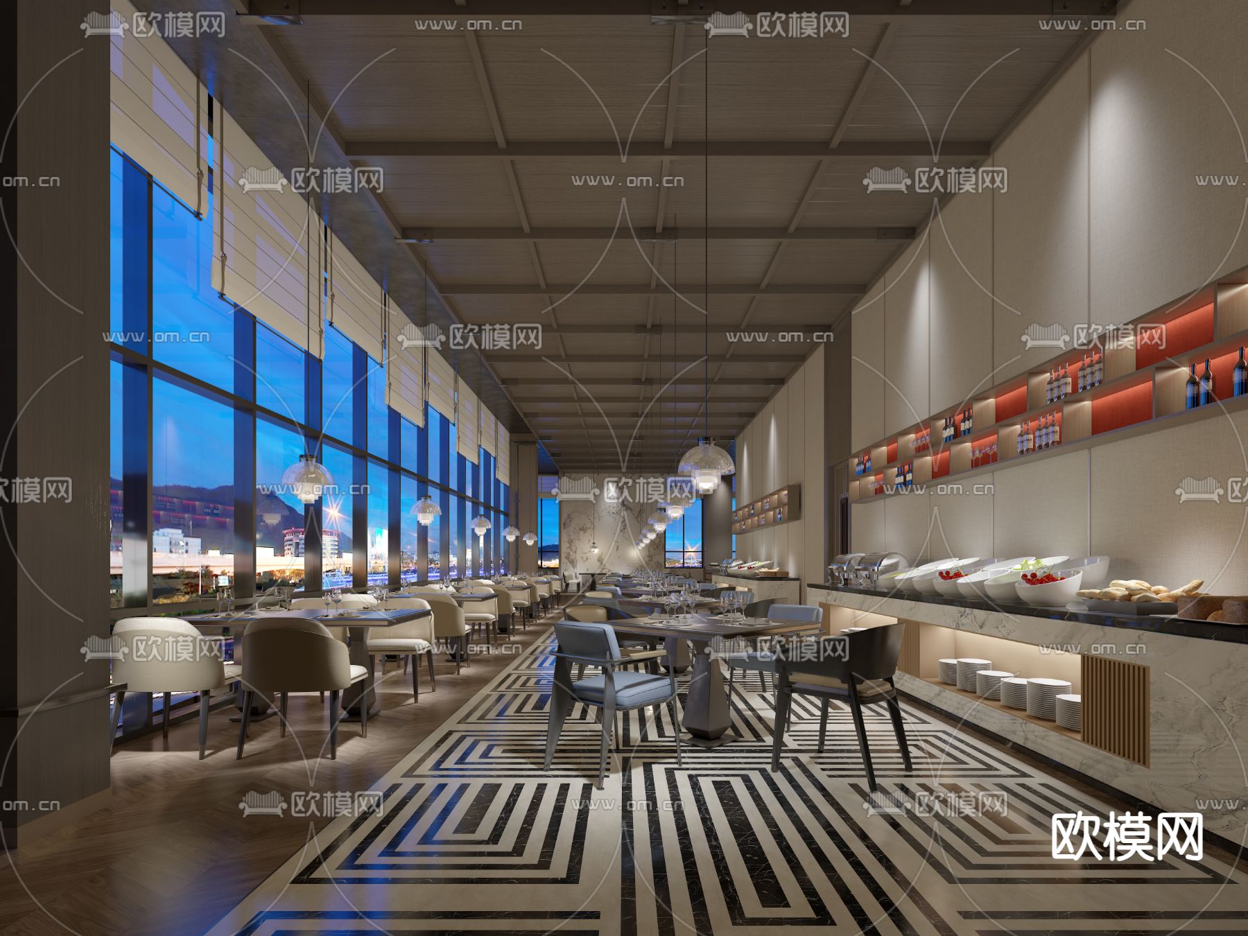 现代自助餐厅3d模型下载