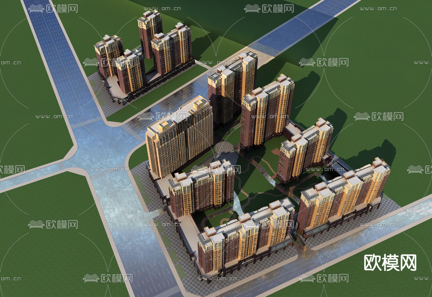 规划鸟瞰 住宅小区 沿街商业3d模型下载（渲染图1）