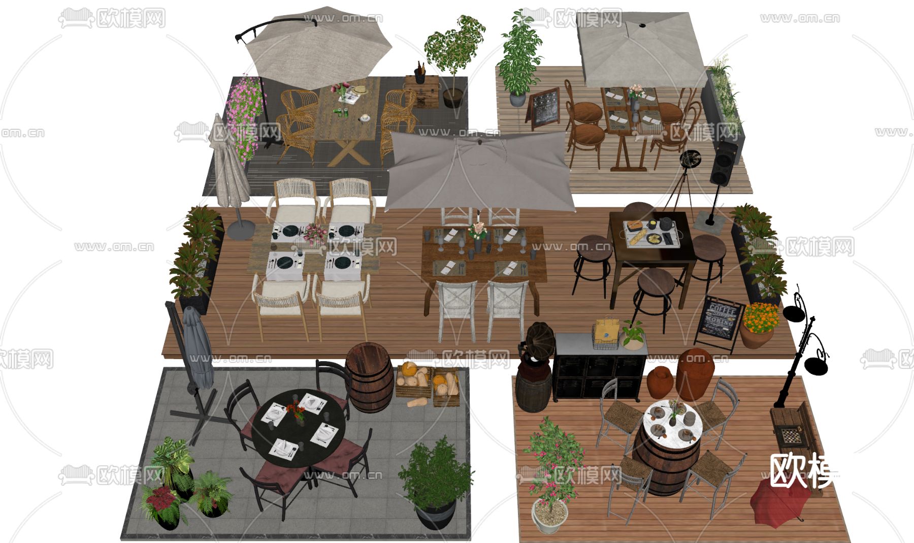 现代户外桌椅 商业外摆su模型下载（渲染图1）