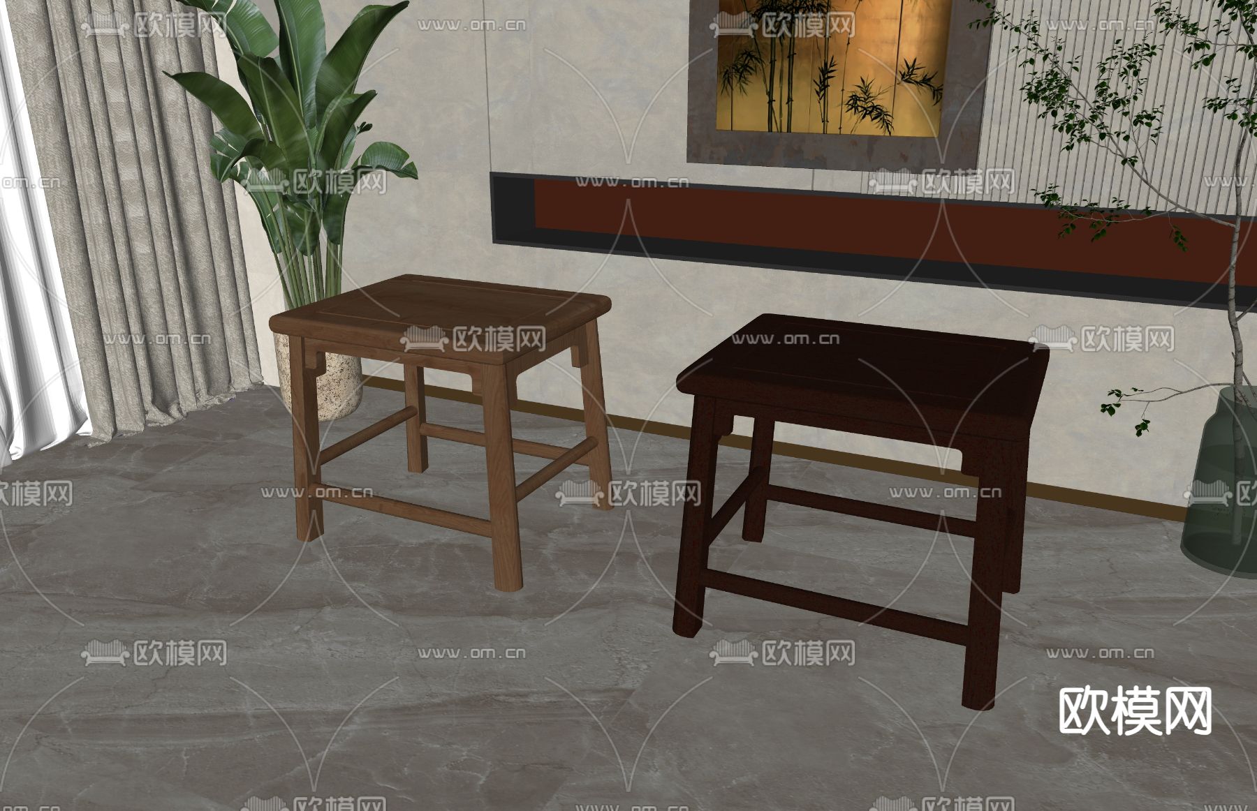 新中式凳子su模型下载（渲染图1）