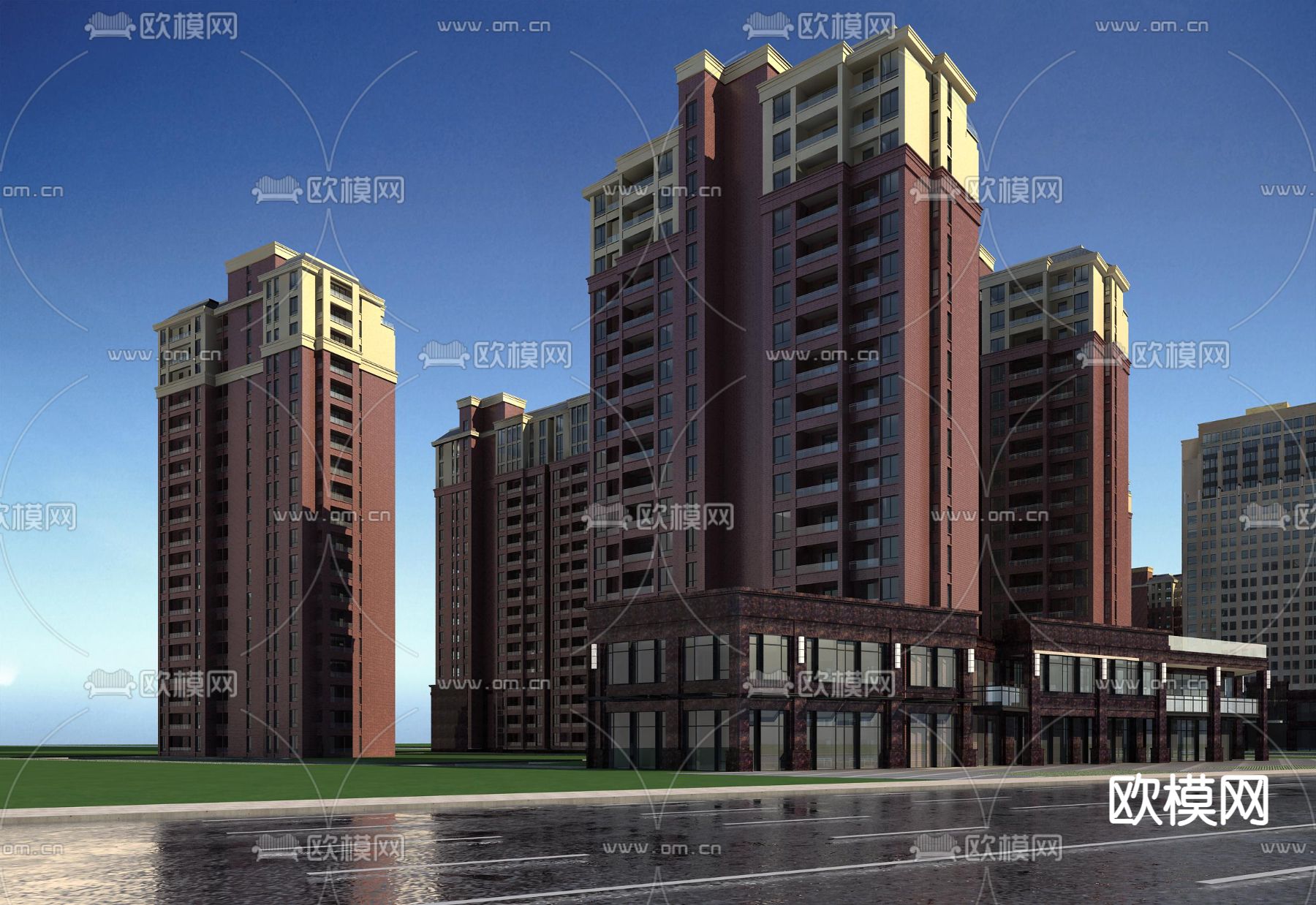 规划鸟瞰 住宅小区 沿街商业3d模型下载（渲染图2）