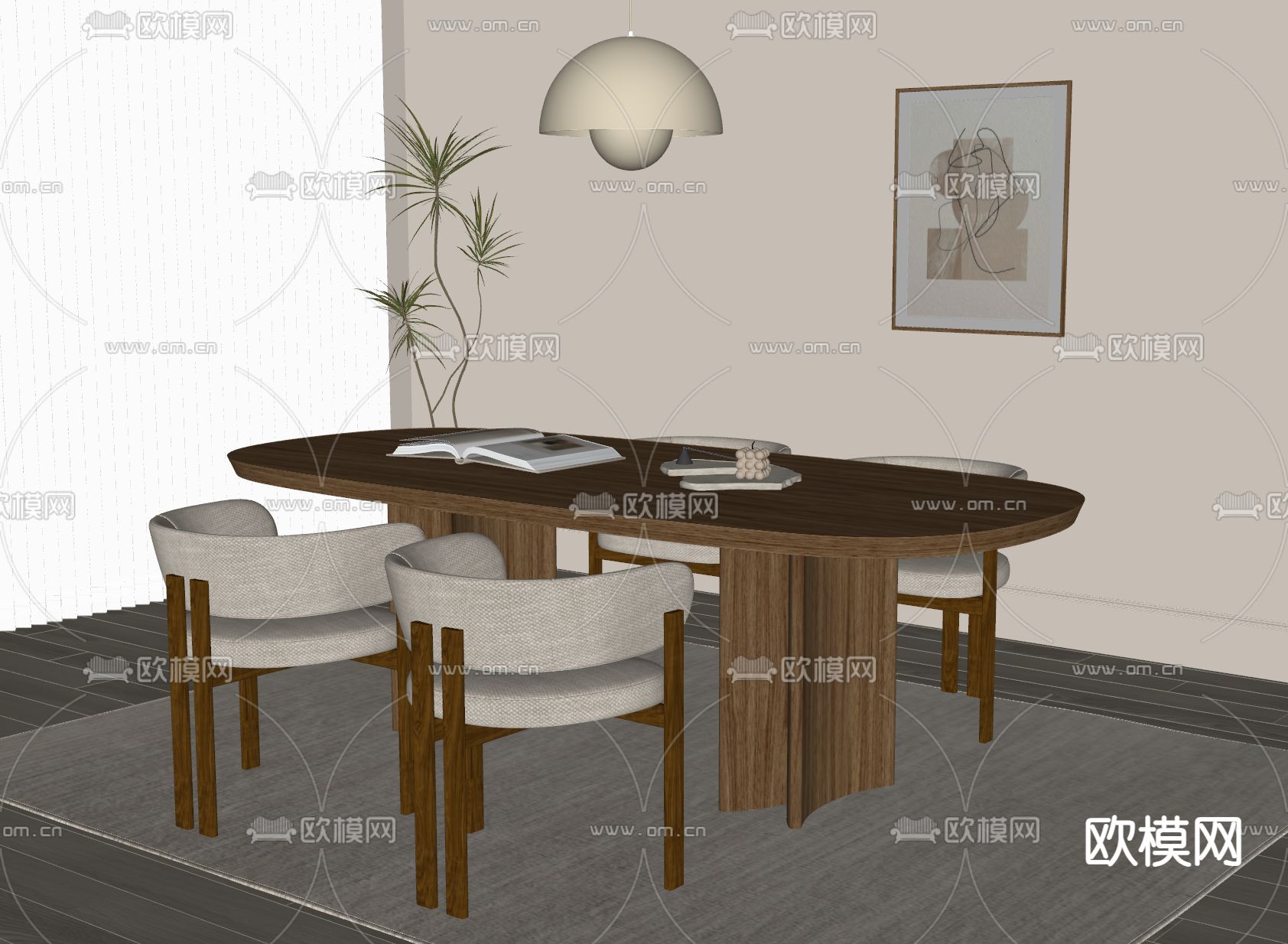 中古风餐桌椅su模型下载（渲染图1）