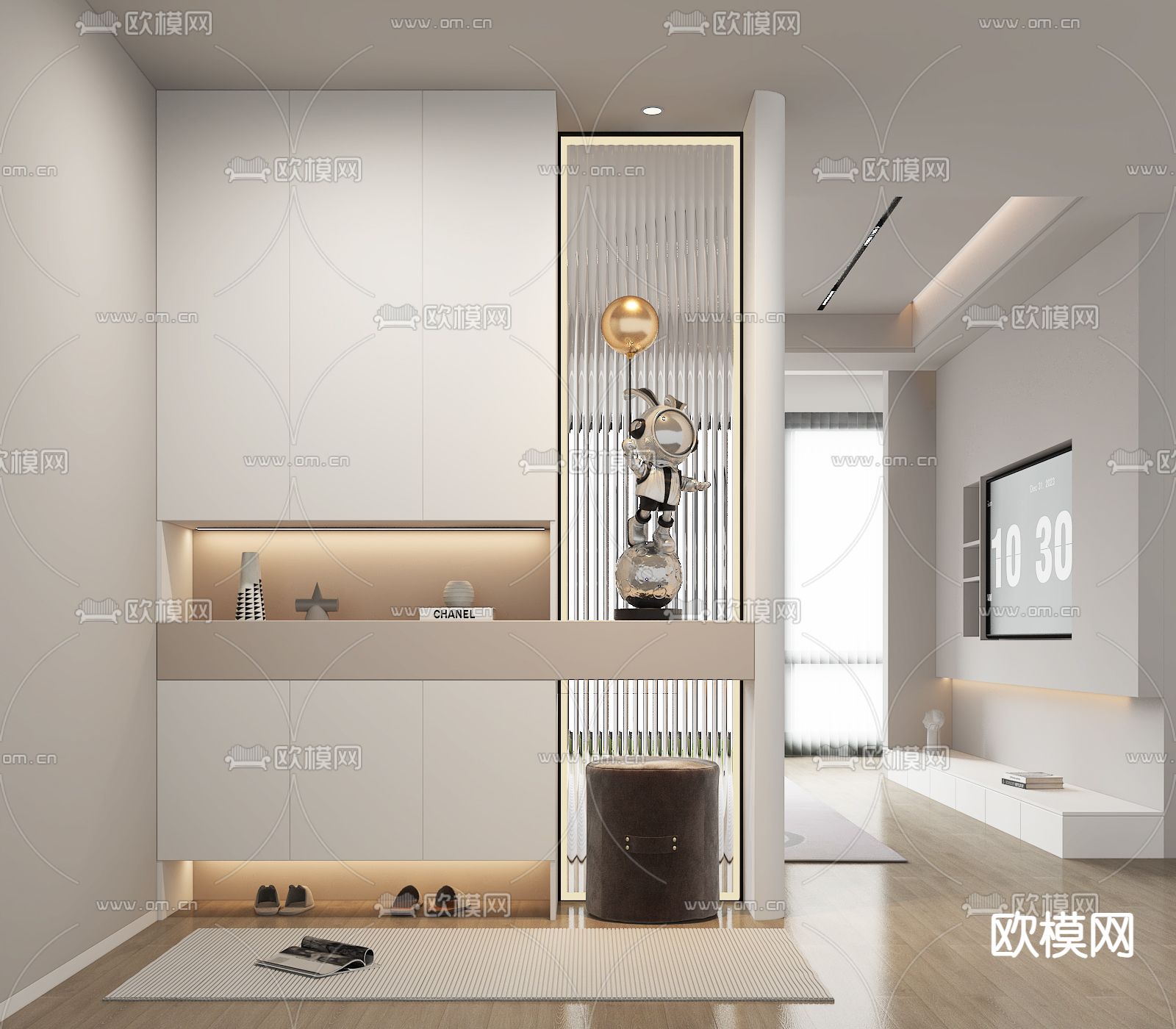 奶油风玄关鞋柜su模型下载（渲染图2）