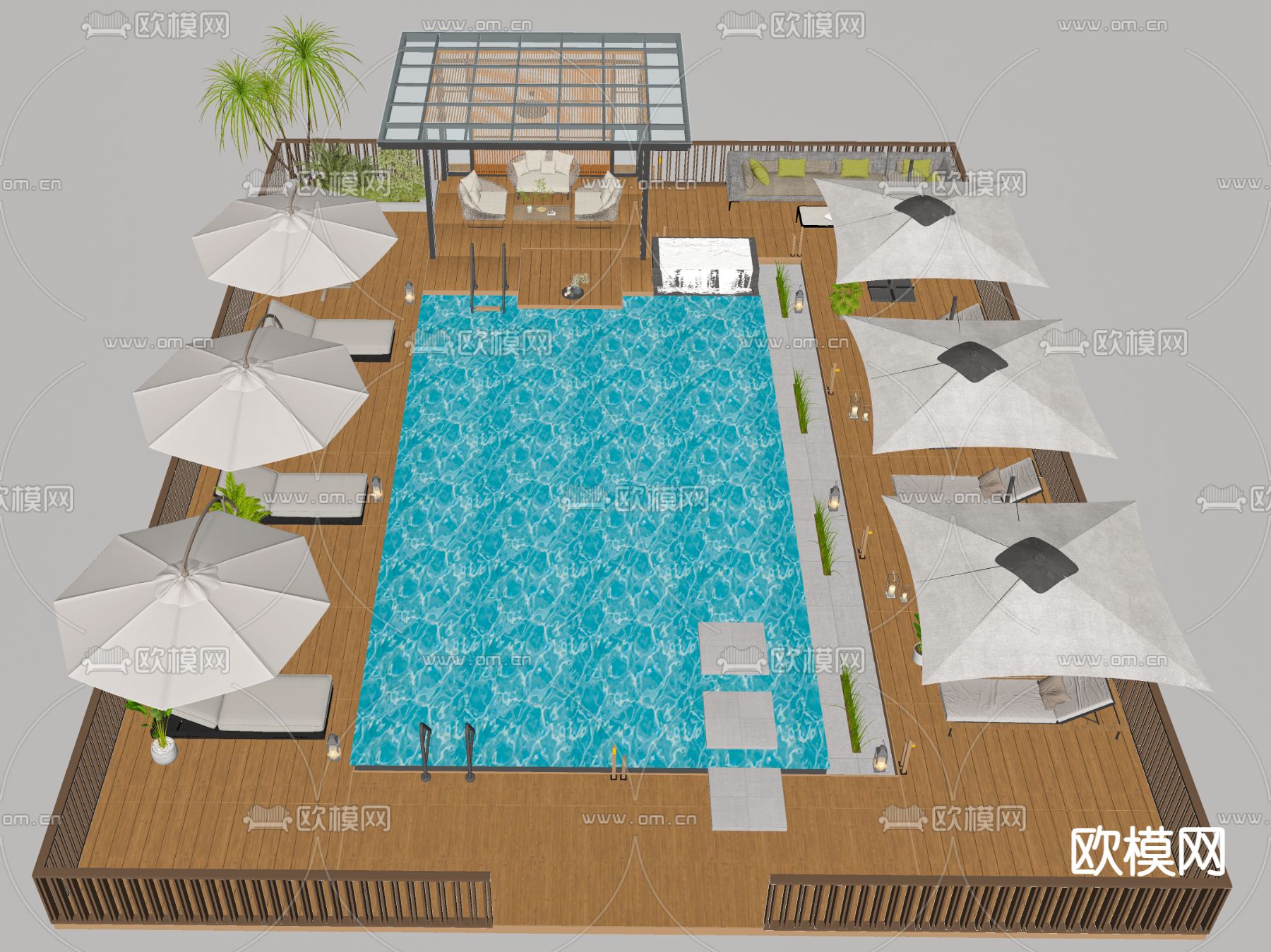现代庭院泳池 休闲亭su模型下载（渲染图1）