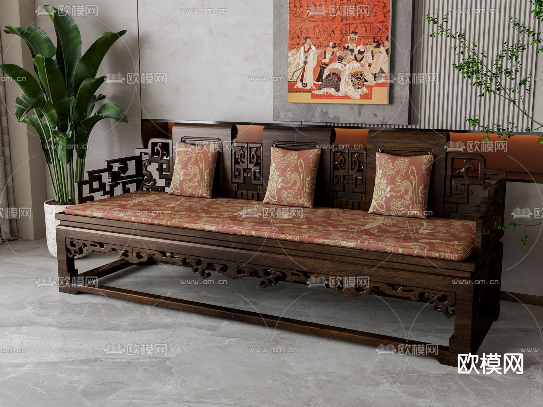 新中式罗汉床3d模型下载