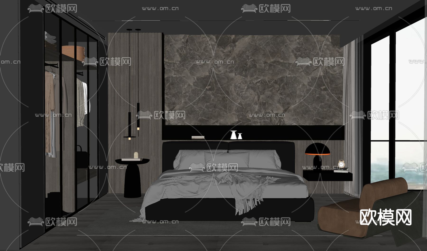 暗黑风卧室 主人房su模型下载（渲染图1）