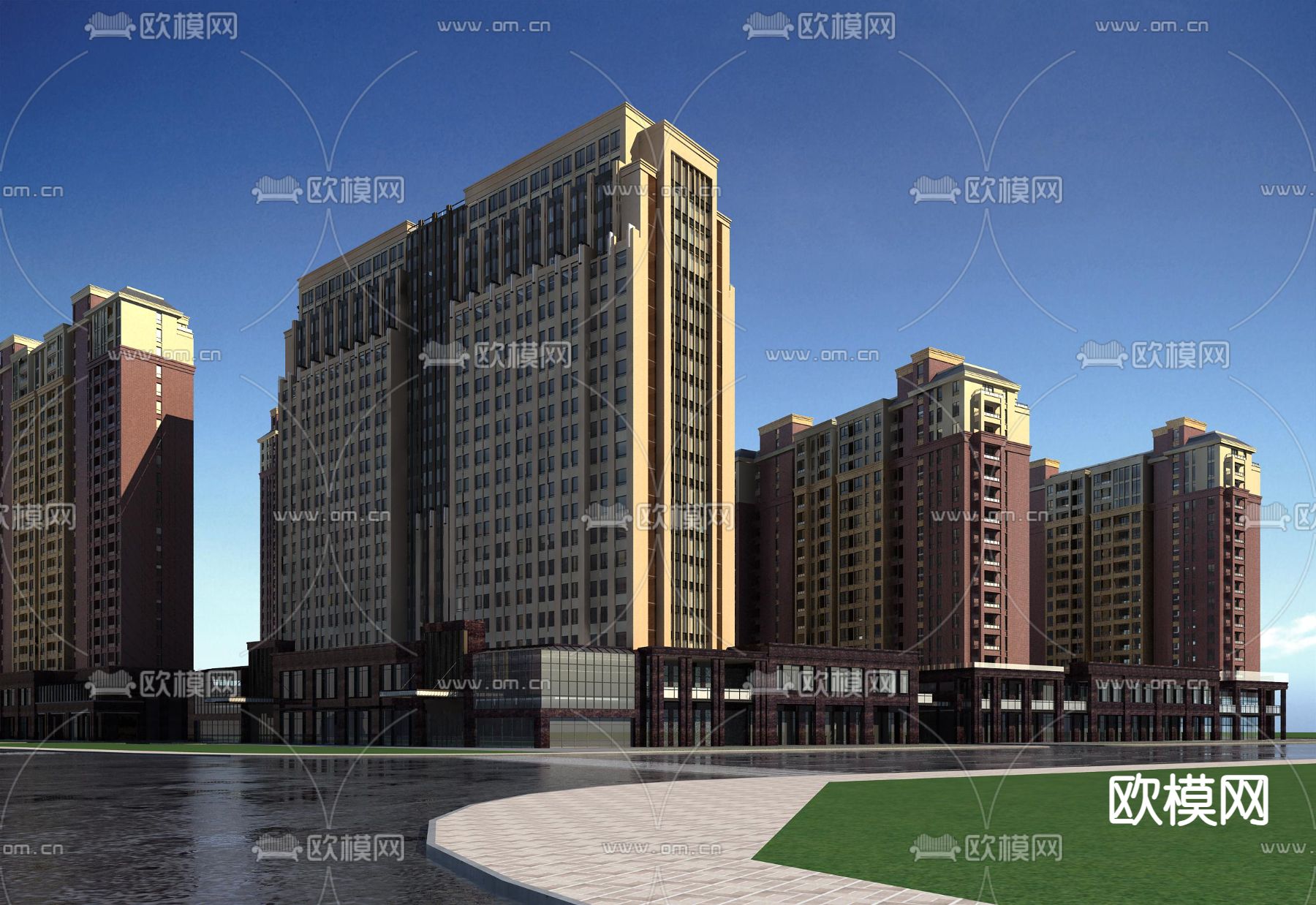 规划鸟瞰 住宅小区 沿街商业3d模型下载（渲染图3）