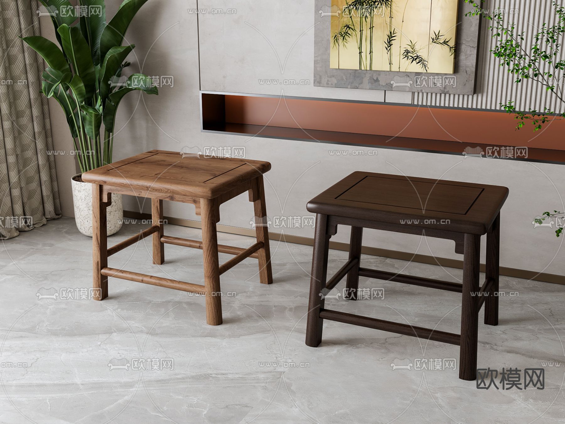新中式凳子su模型下载（渲染图2）