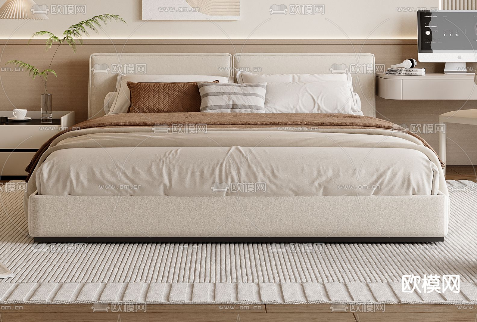 奶油风双人床su模型下载（渲染图2）